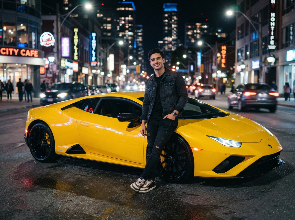 Supercar flex LarpGPT photo beside a Lamborghini at night