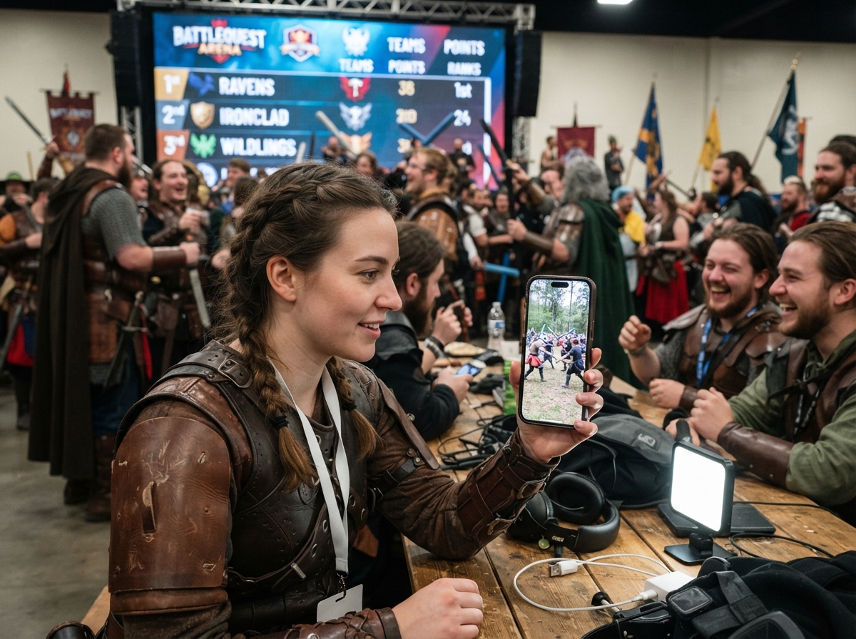 Creator reviewing a Larp Battles clip with leaderboard in the background