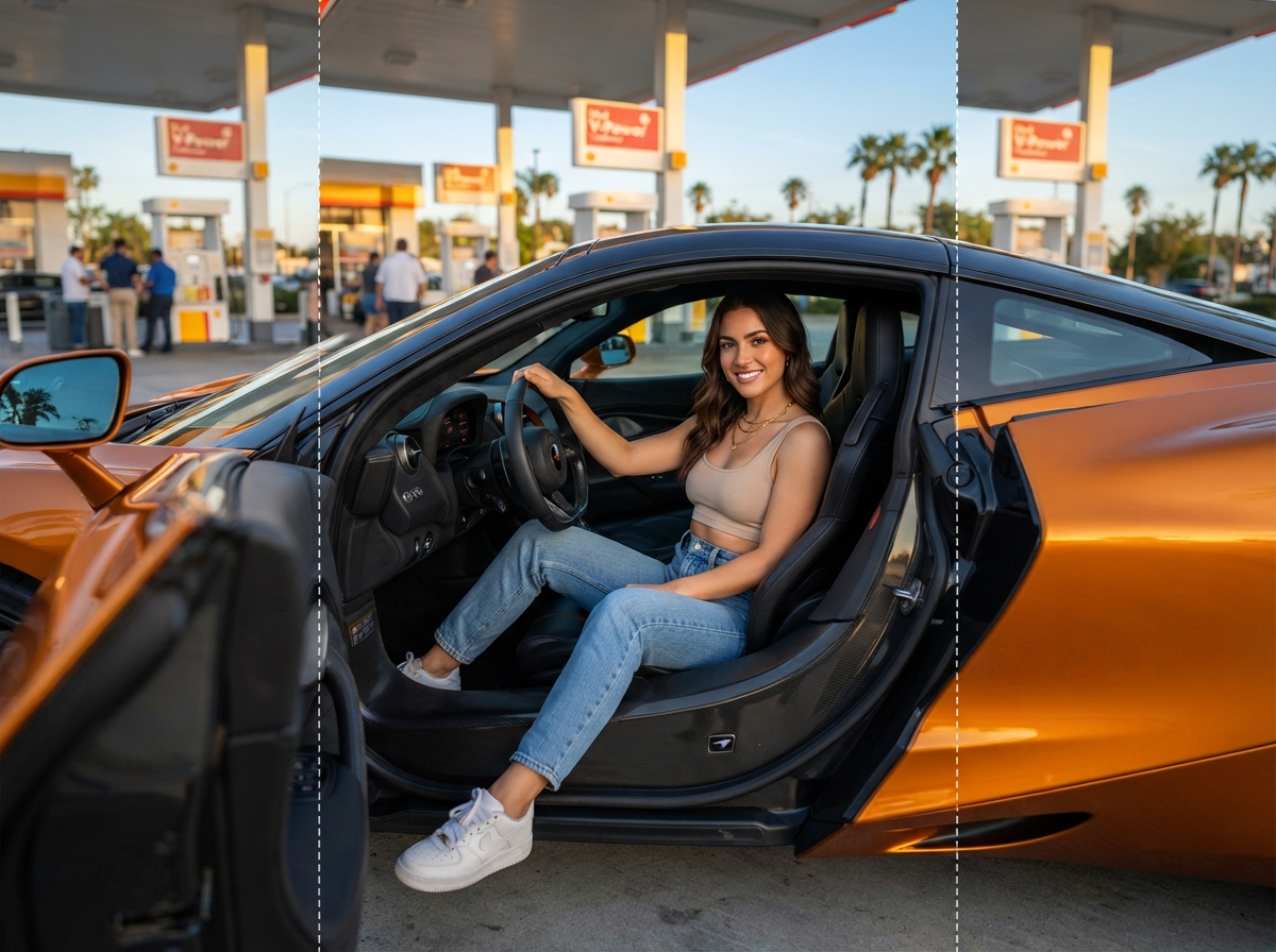 Finished LarpGPT photo with a person composited beside a McLaren at a gas station