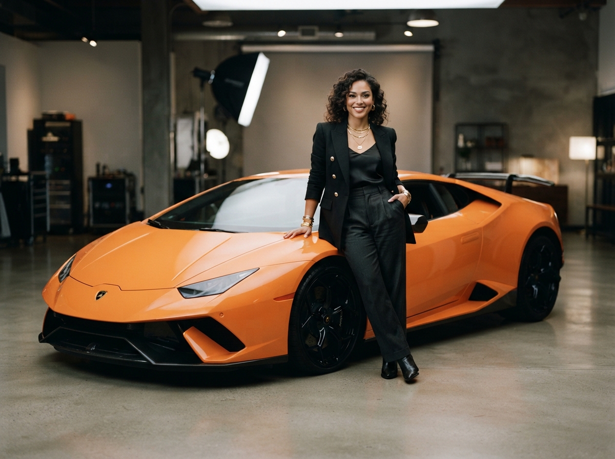 Preset LarpGPT photo with a person beside a Lamborghini studio shoot