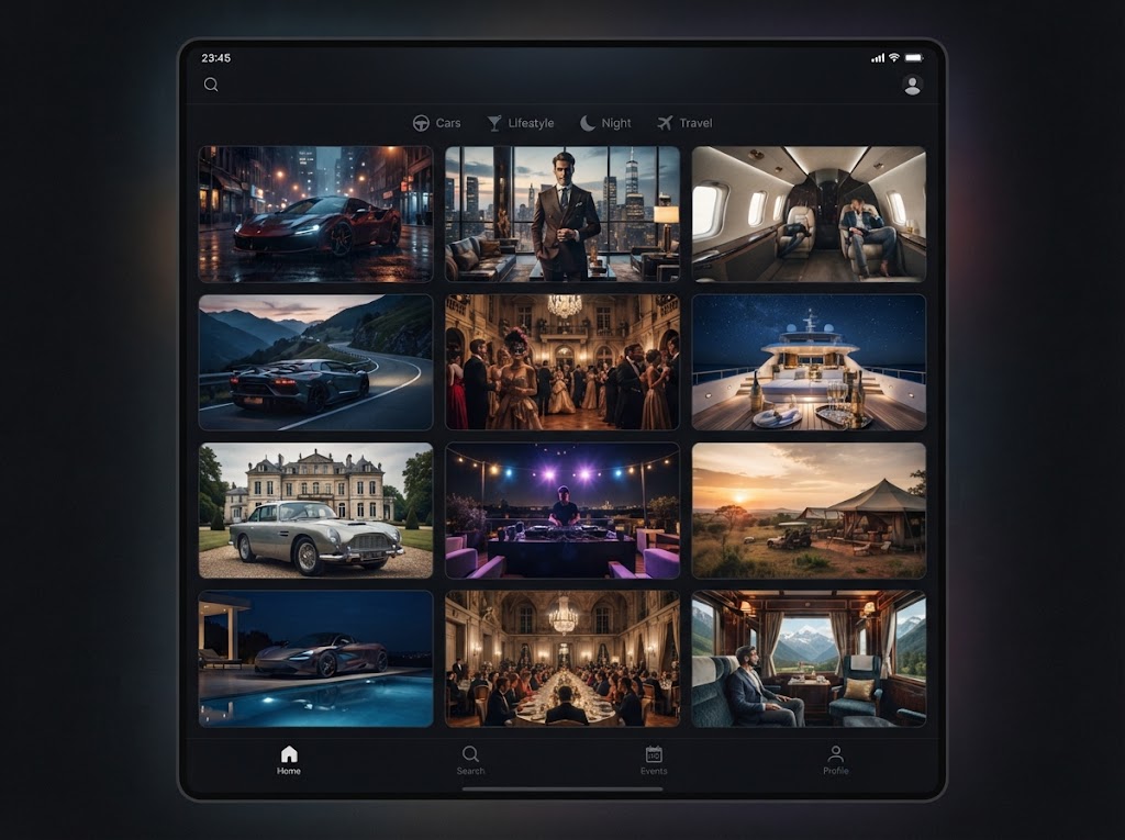 Grid of LarpGPT luxury scene presets across Cars, Lifestyle, and Travel categories